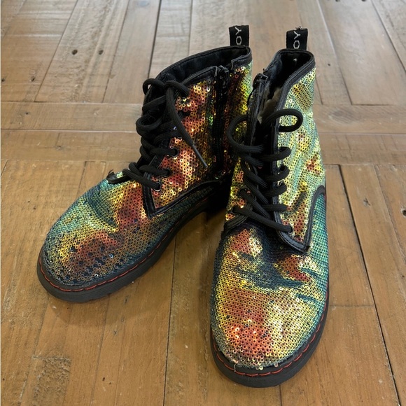 Lola + the boys metallic rainbow sequin combat boots - Picture 1 of 11